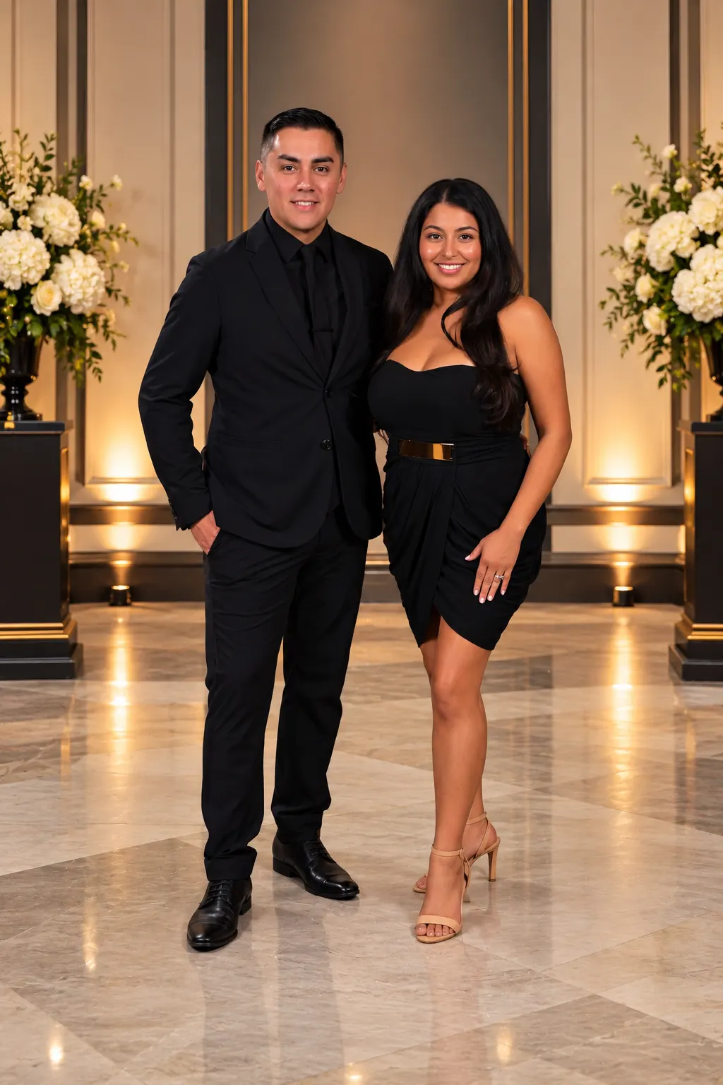 Manny and Martha Galvan dressed in black at a formal event, with white flowers behind them
